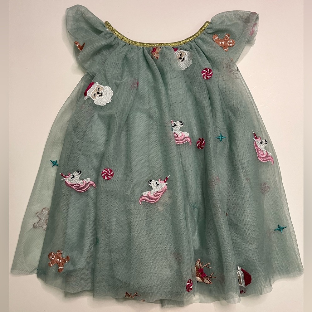 Zunie Girls Christmas Holiday Embroidered Unicorn Tulle Dress Sage Green NWT